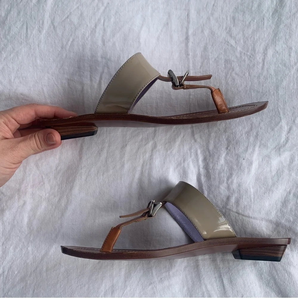 Vintage Prada Patent Leather Buckle Thong T Strap Sandals Tan Beige Brown